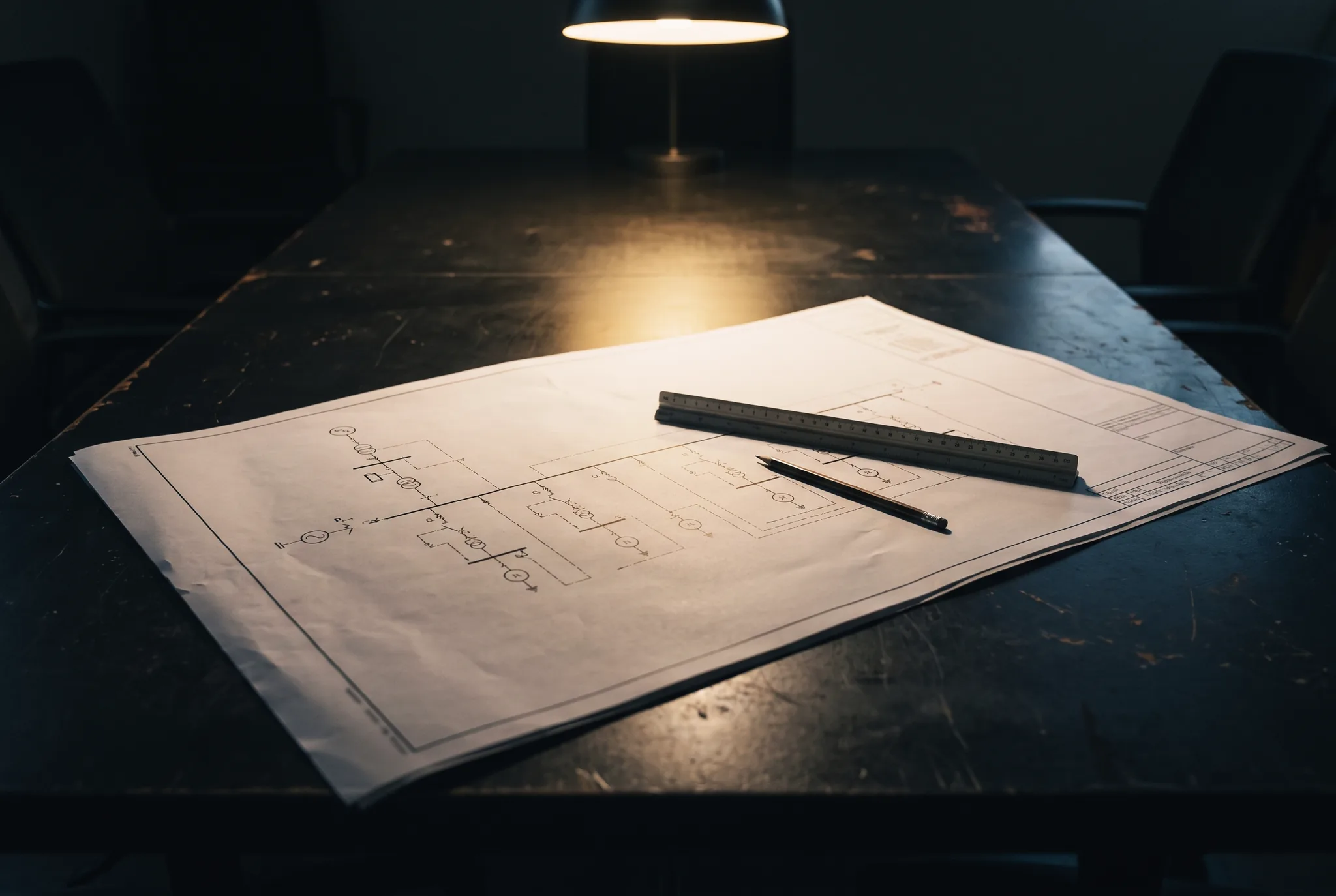 Single-line diagram print on a table with scale rule and pencil