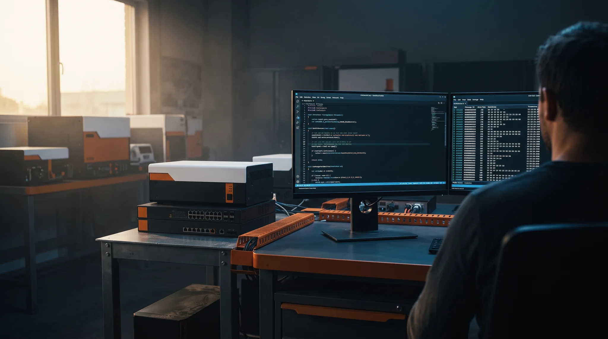Dual-monitor workstation with code and a CAN trace