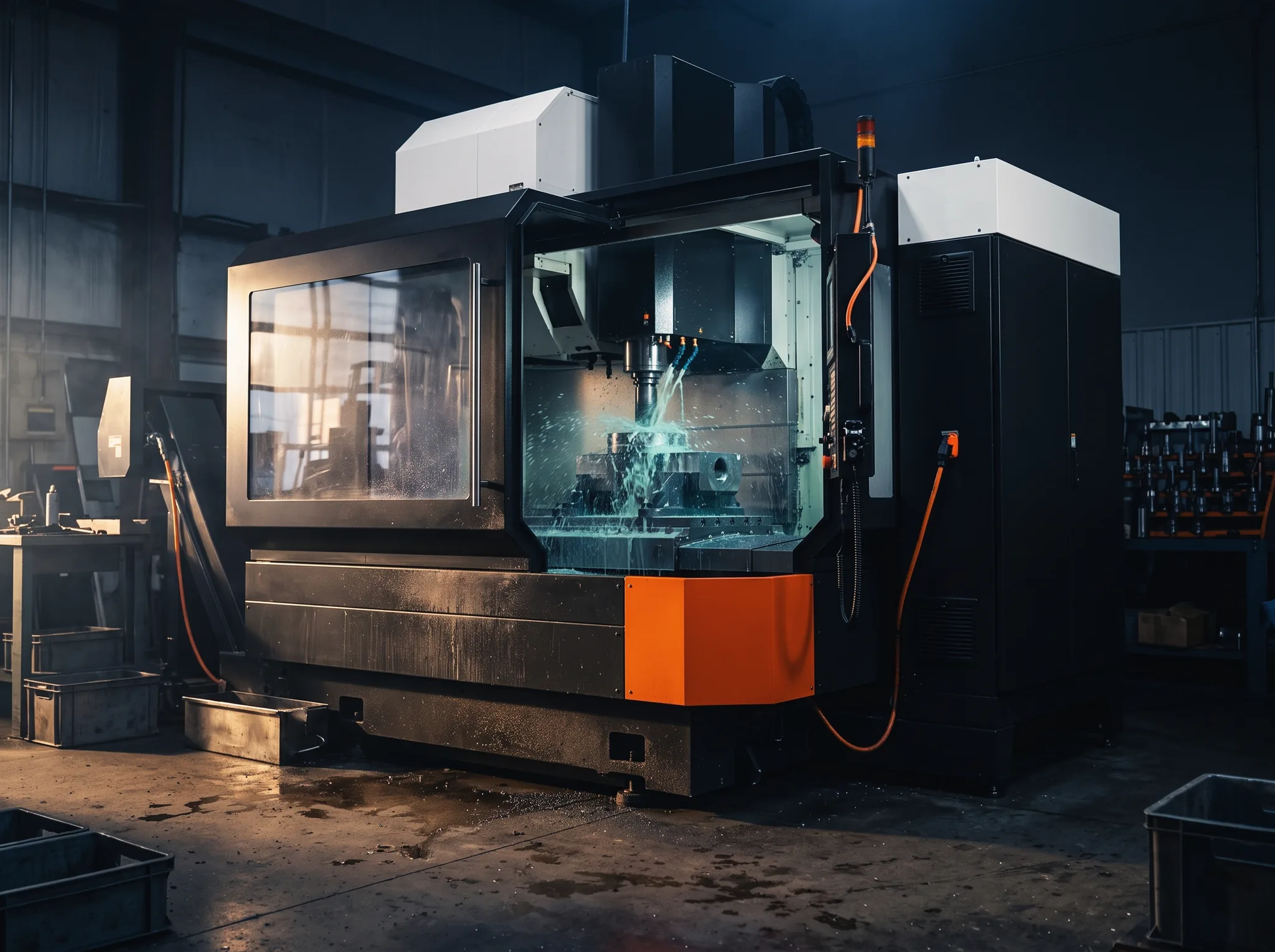 CNC machining center mid-cut with coolant