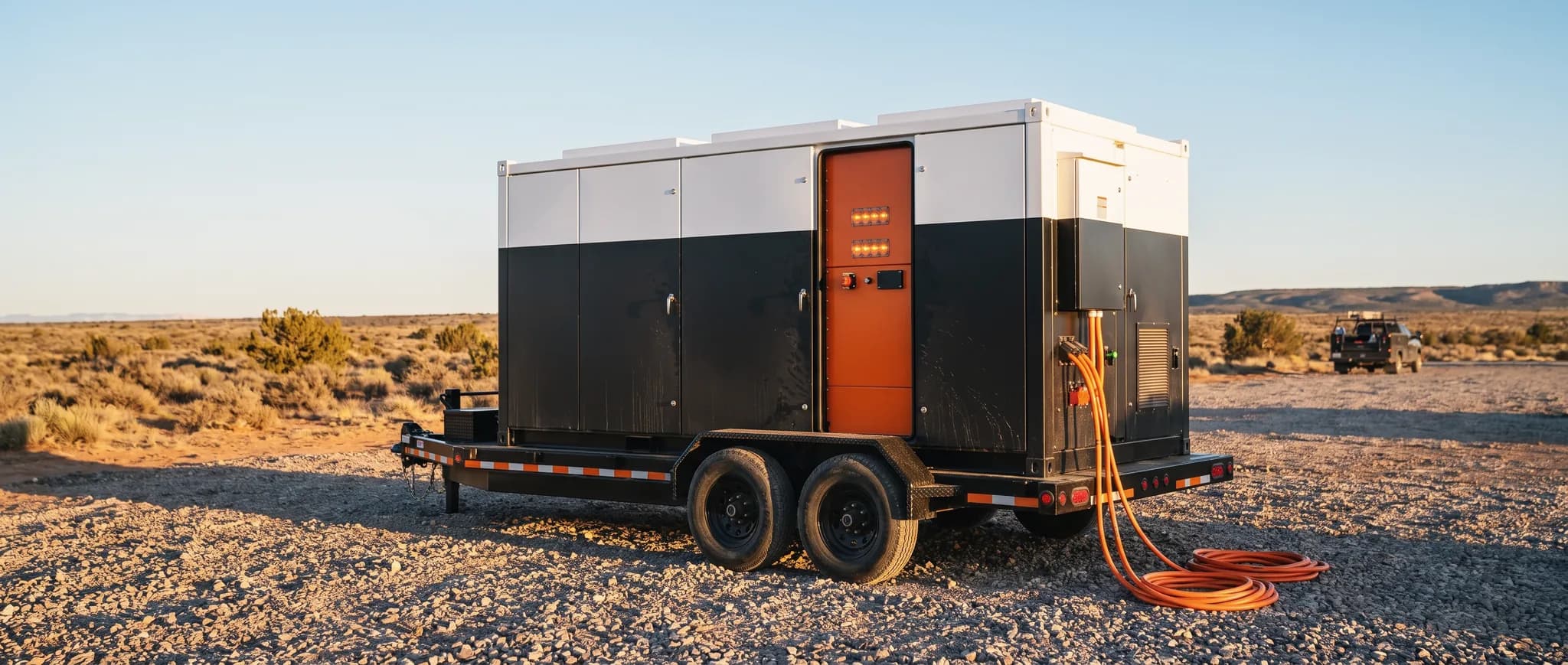 Trailer-mounted mobile DC power system on a gravel well pad at golden hour