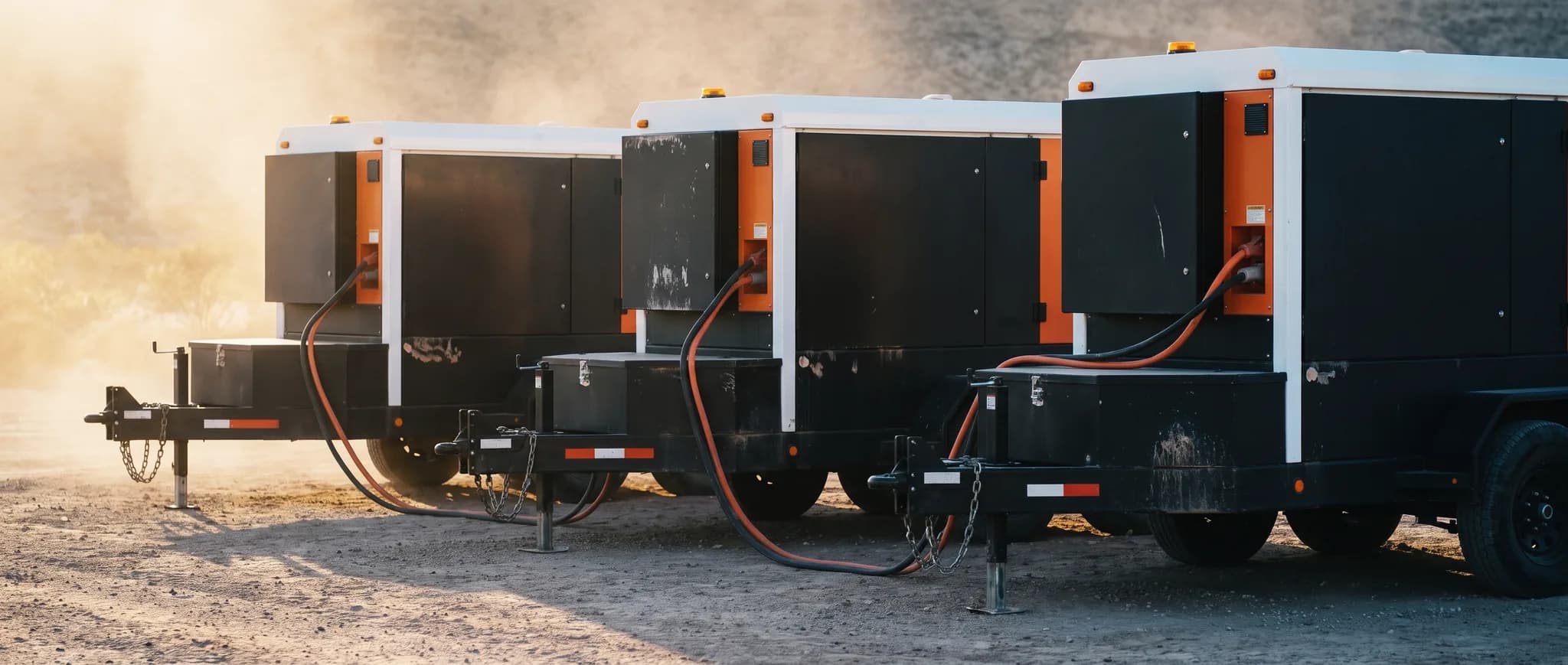 Row of parallel-connected trailer power modules linked by heavy DC cable