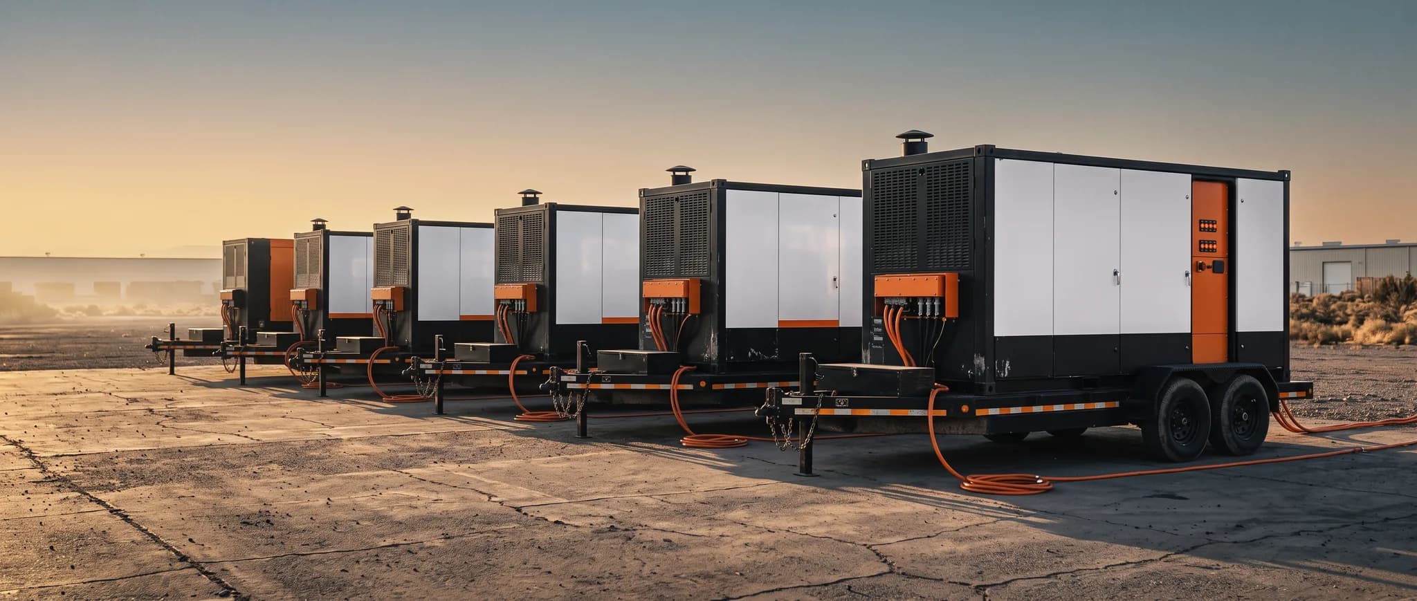 Mobile power equipment staged at scale in an open yard at golden hour