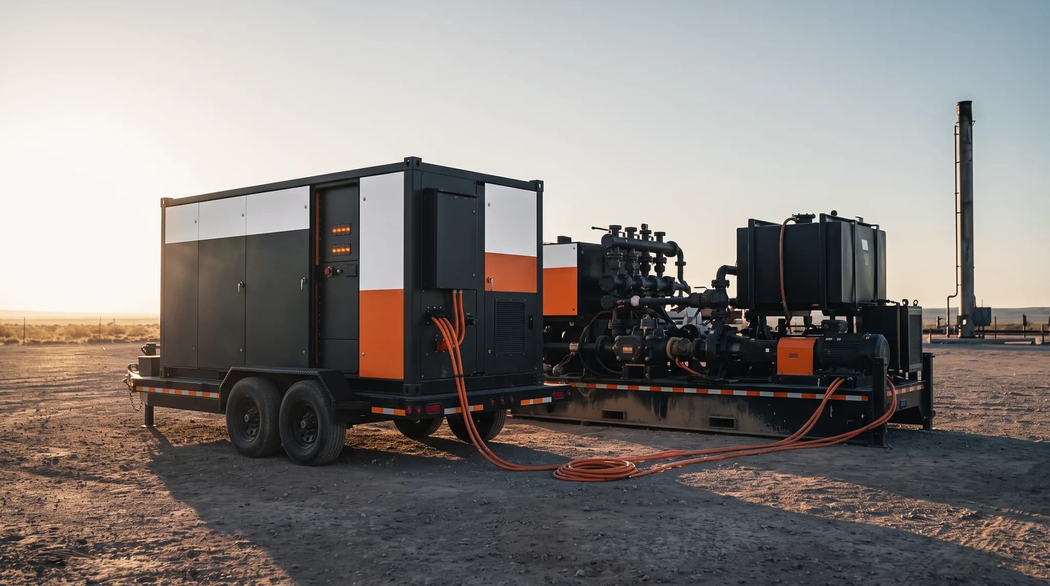 Mobile power equipment staged beside pressure pumping equipment on a well pad