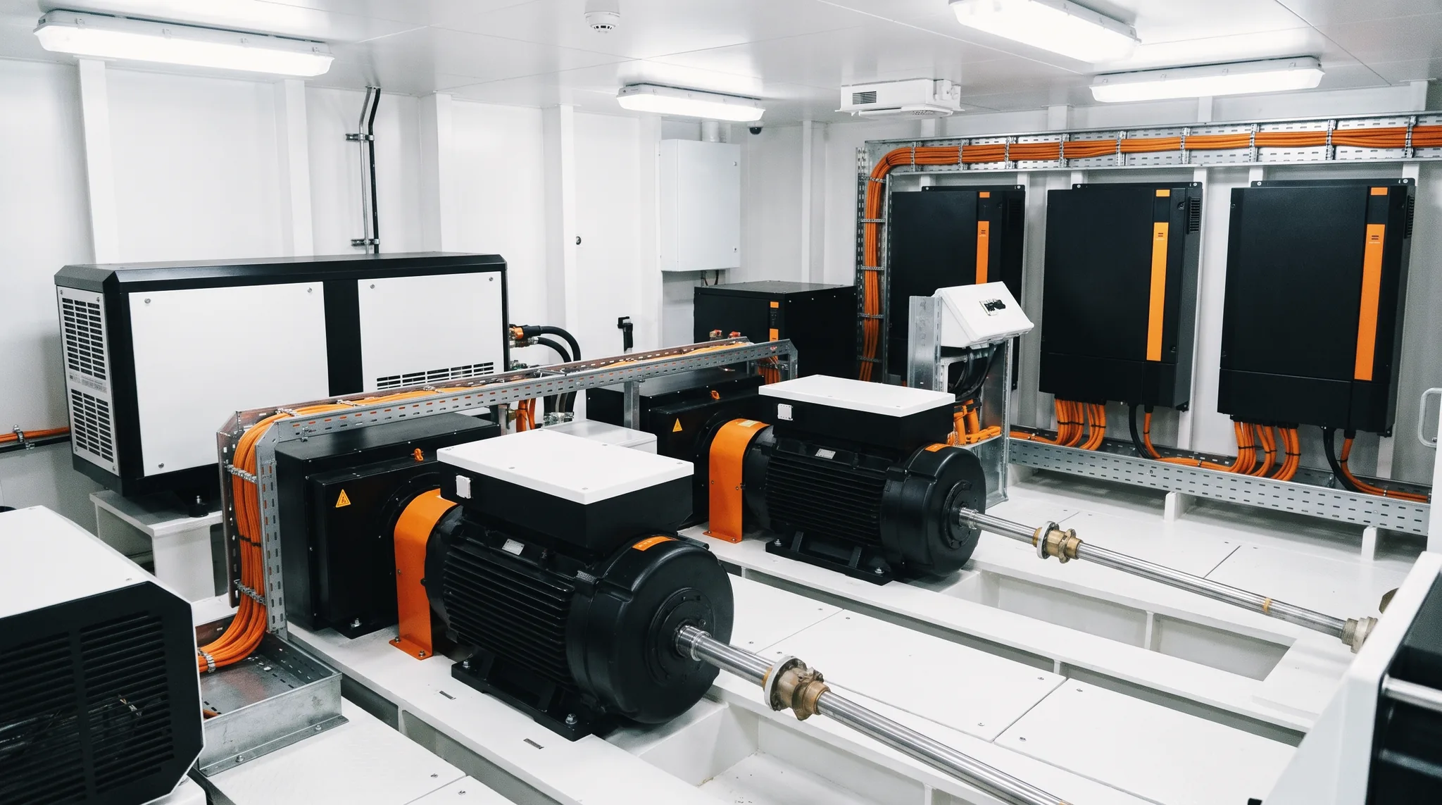 Twin PM electric propulsion motors on propeller shafts in a clean engine room