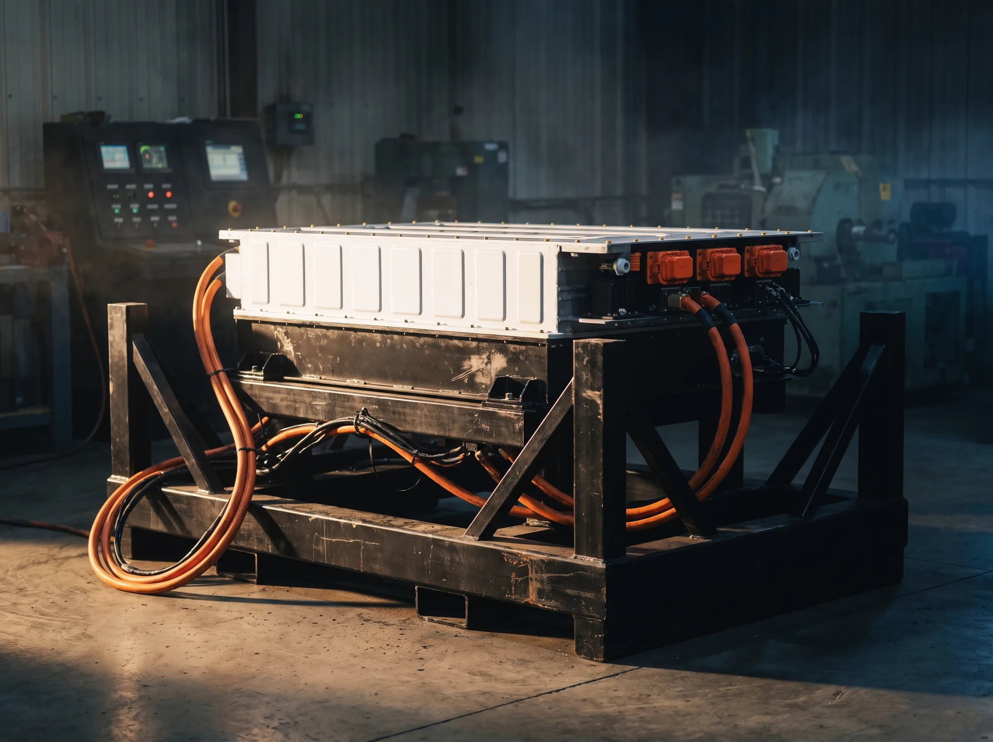 Battery pack on a load-cycling test stand with instrumentation