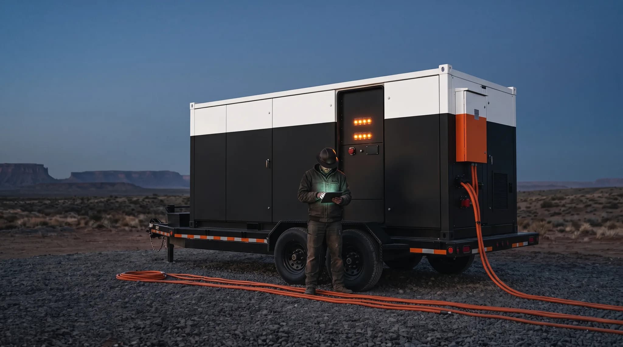 Technician holding a tablet in front of a running power unit at dusk