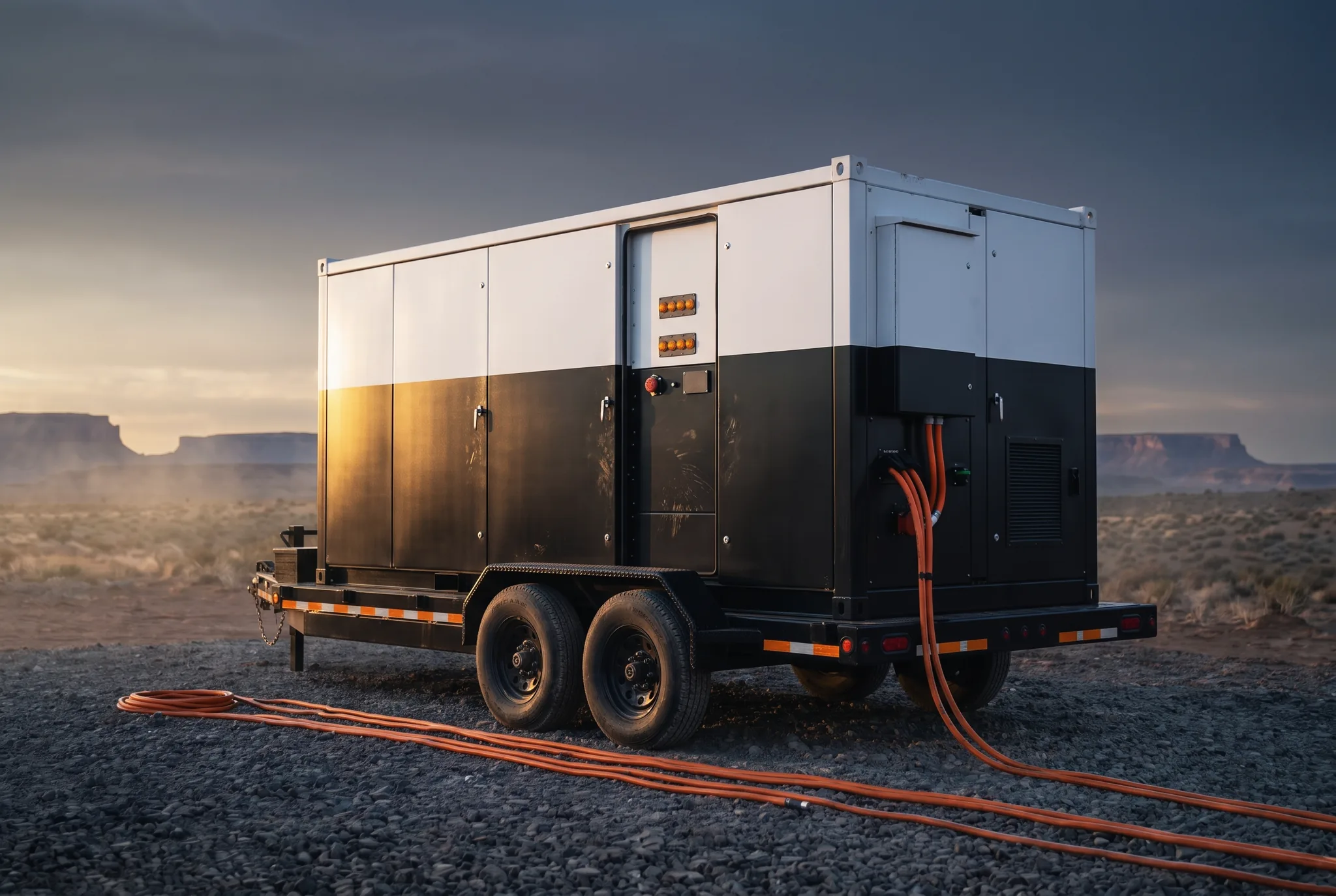 250 kW battery storage module trailer, three-quarter rear