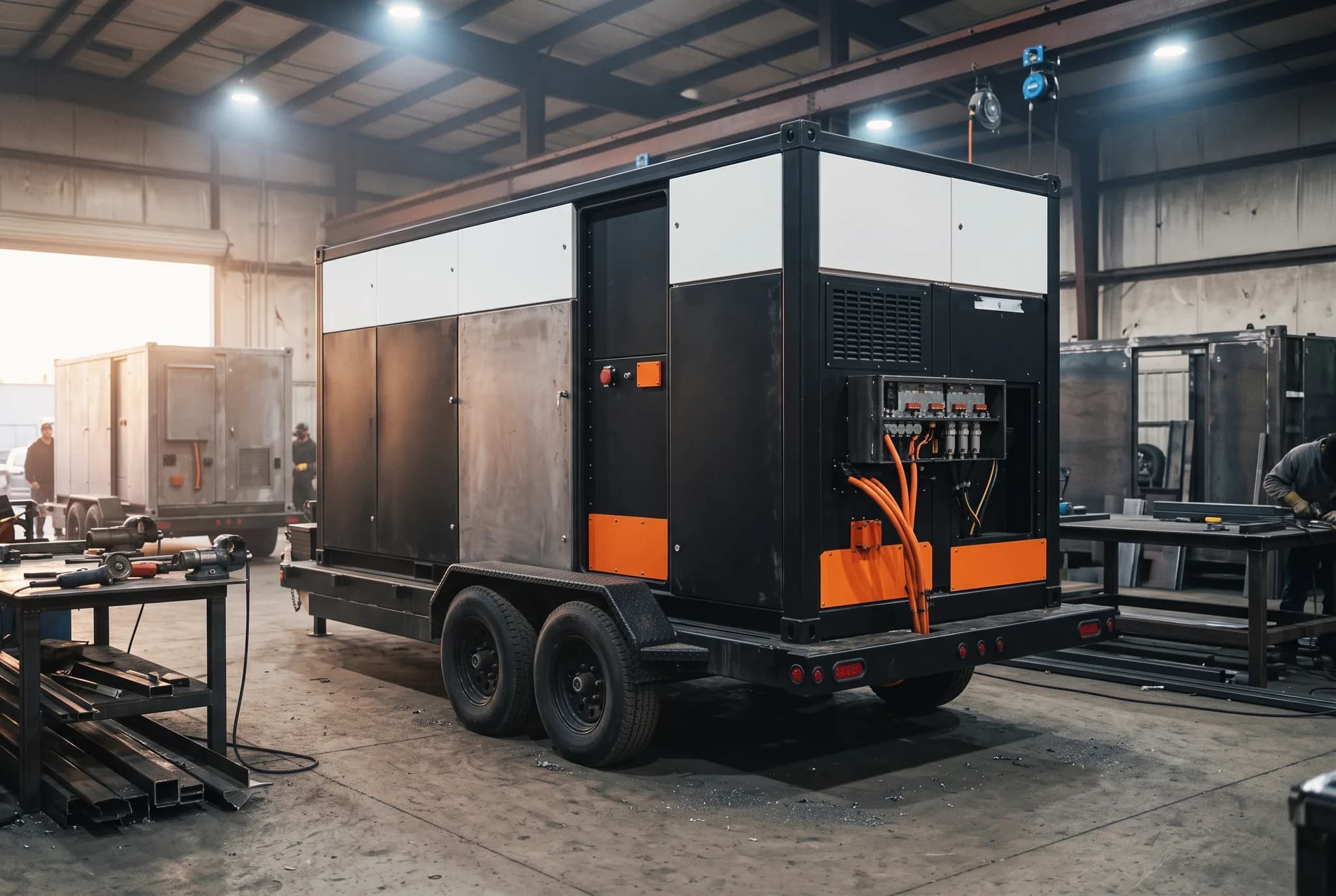 Custom power trailer under fabrication in the shop