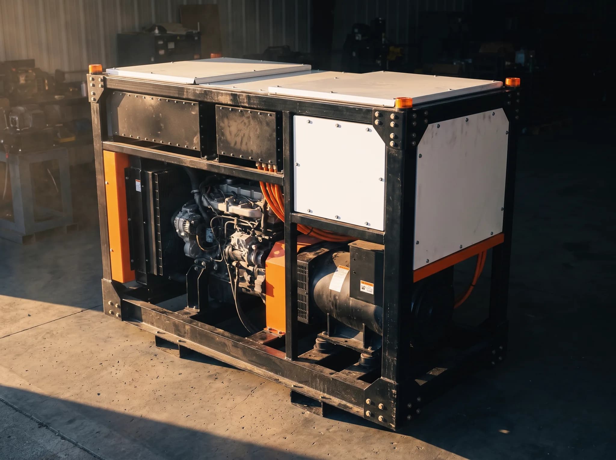 Skid-mounted hybrid DC power unit with engine and generator head coupled inline