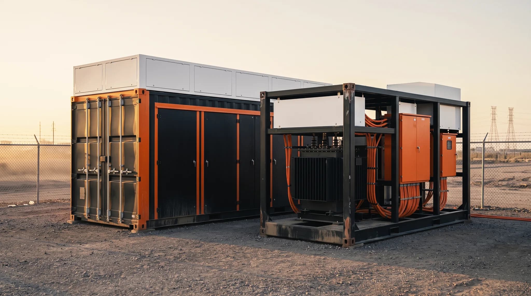 Containerized battery energy storage system with medium-voltage skid alongside