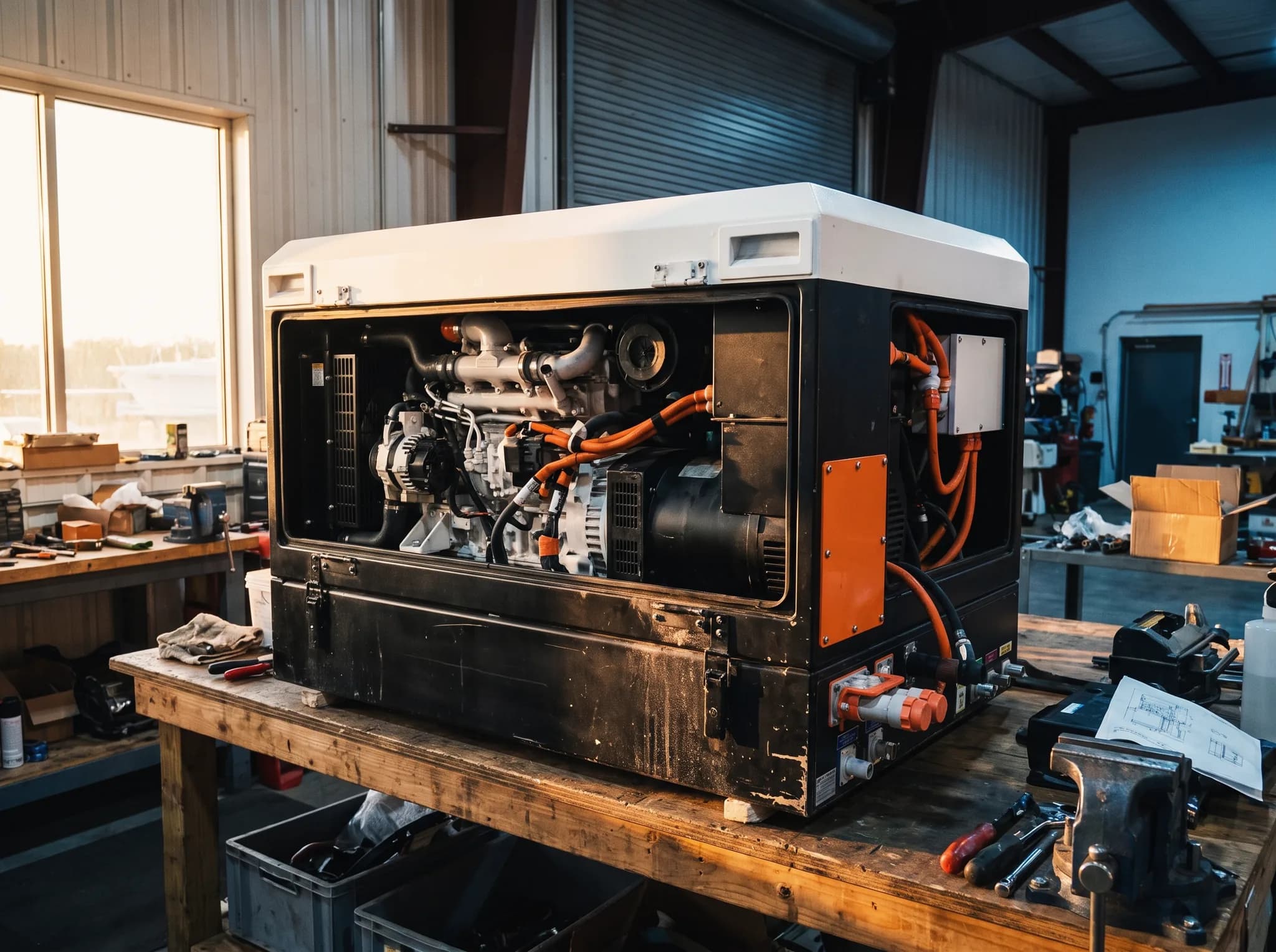 Marine DC generator set on a workbench with engine and PM generator coupled